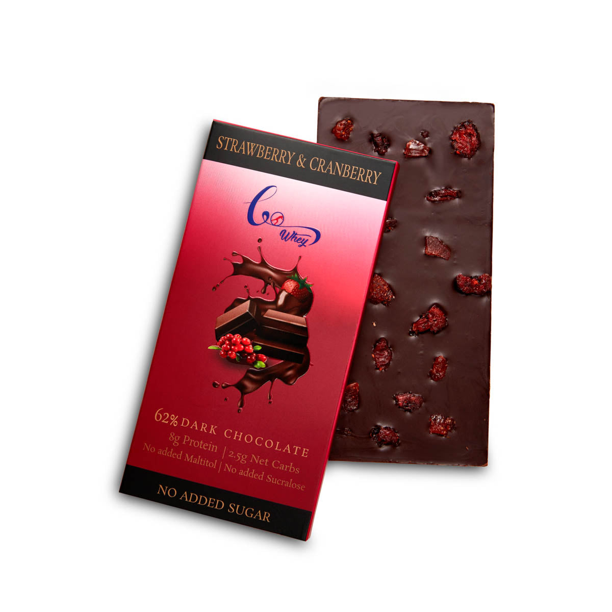 GoWhey Strawberry & Cranberry Dark Chocolate Bar 62% | Keto-Friendly, High in Antioxidants, Diabetic-Friendly (55g)