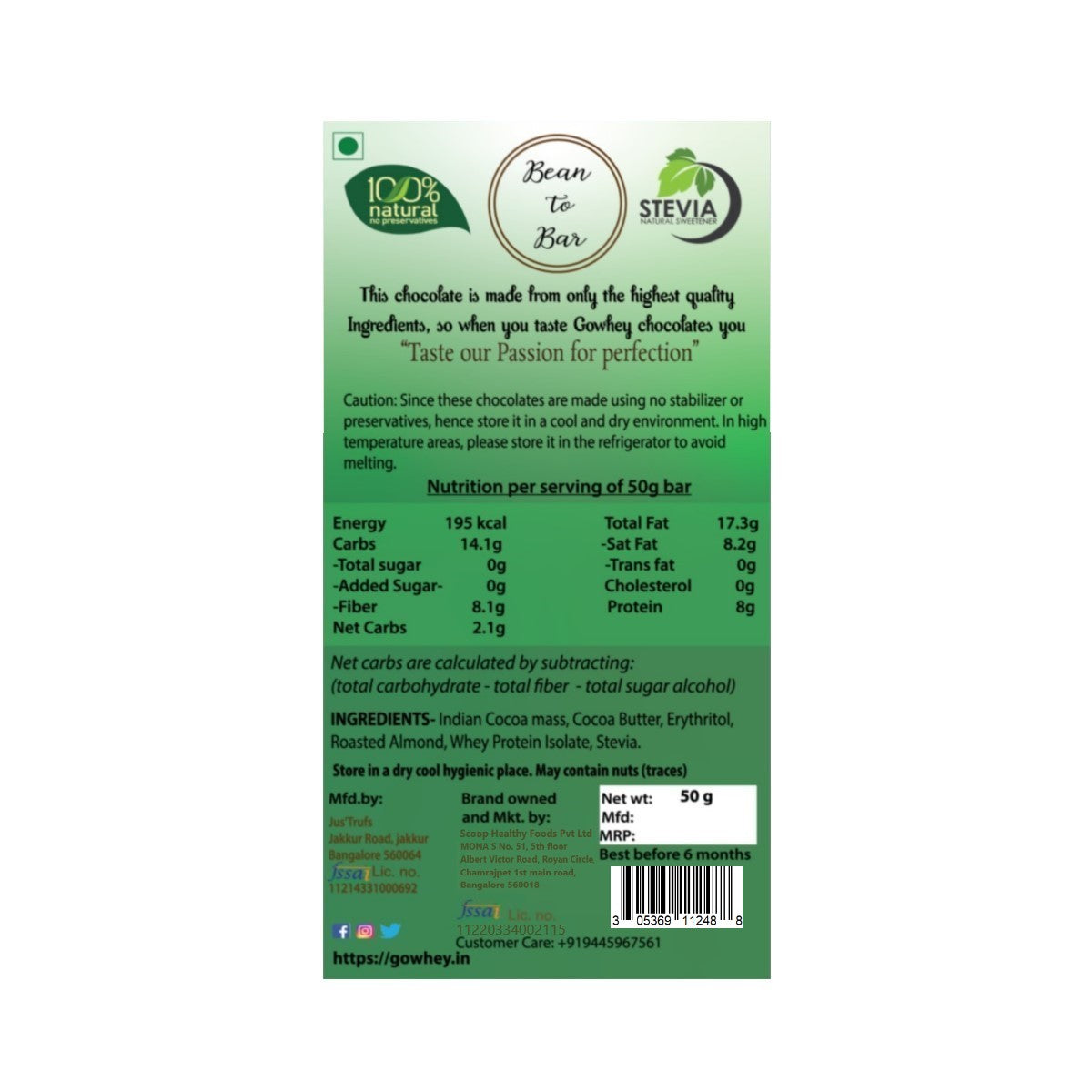 GoWhey Roasted Almond Dark Chocolate 60% | Keto-Friendly, High Protein, 01g Net Carbs (55g Bar)