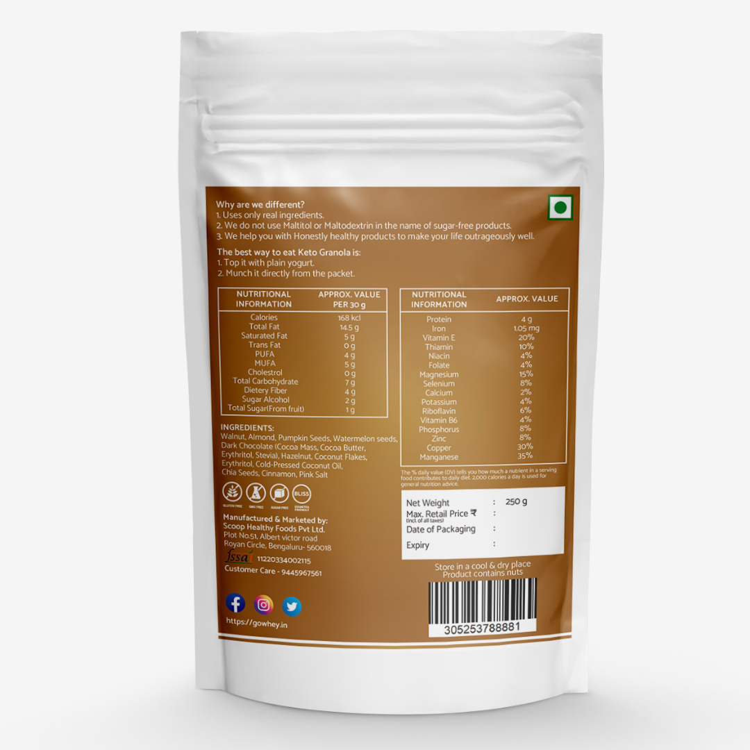 GoWhey Keto Granola - 100% Dark Chocolate & Sugar-Free Hazelnut Crunch | Healthy Snacks, Diabetic Friendly