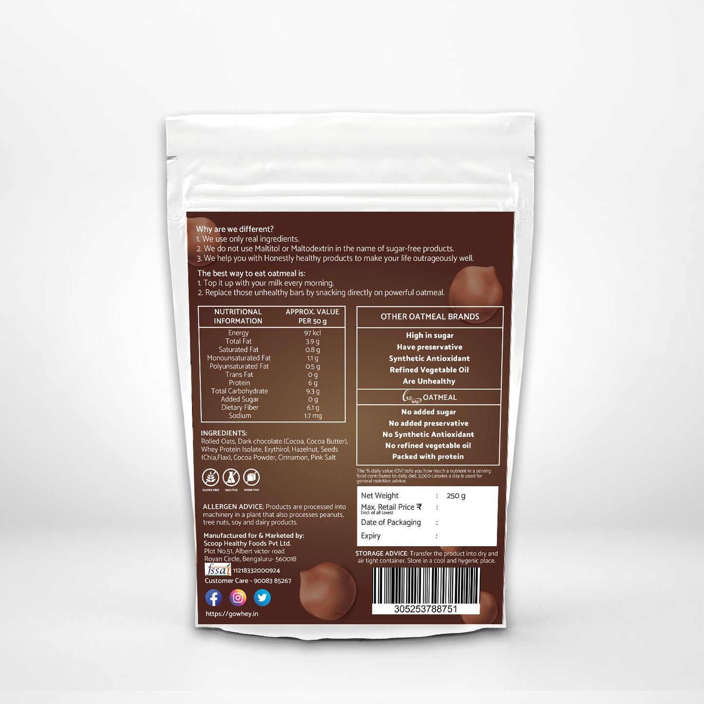 GoWhey Low-Calorie Dark Chocolate Hazelnut Oatmeal (250g) | Sugar-Free & Perfect for Weight Loss