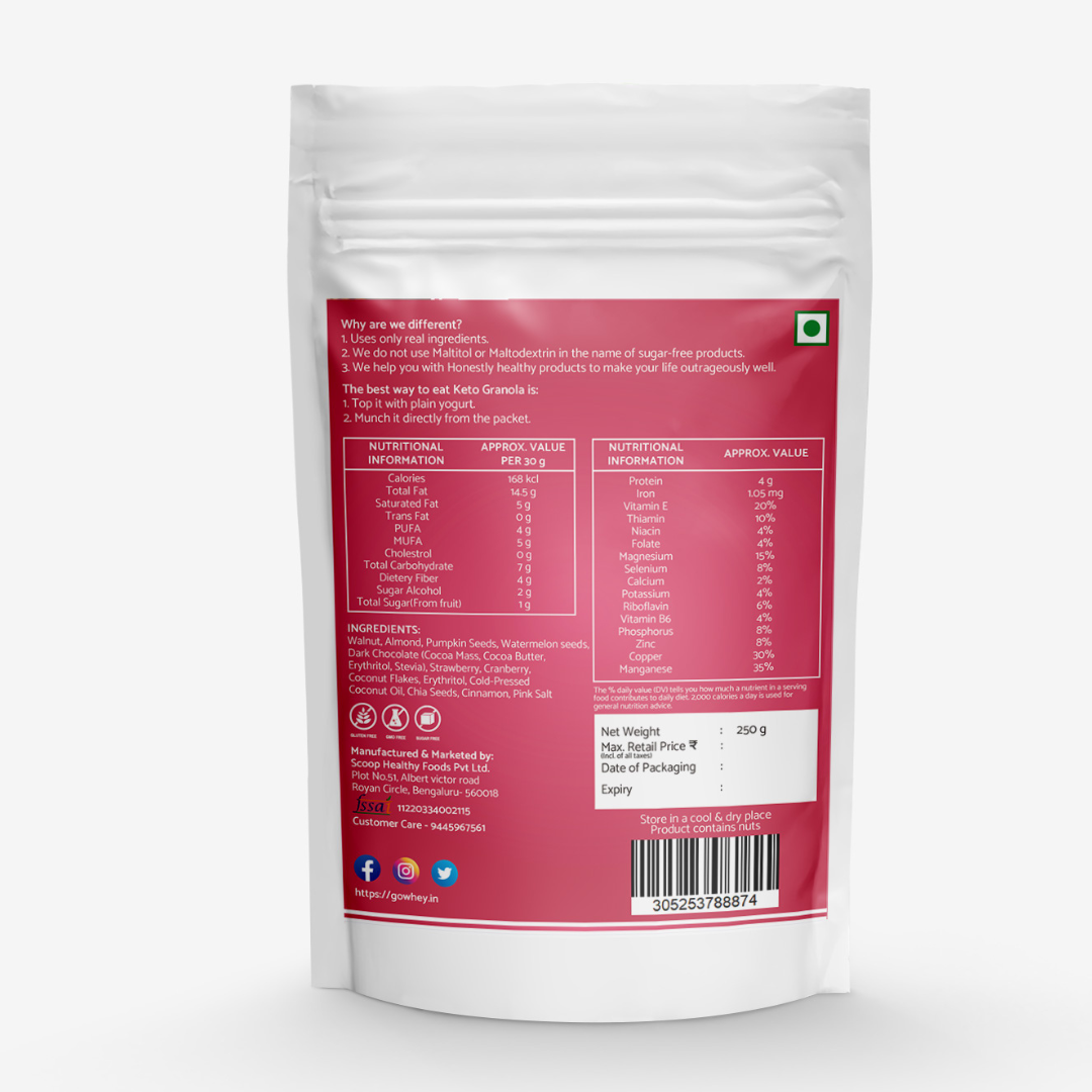 GoWhey Keto Granola for Breakfast - Dark Chocolate Strawberry Crunch (250g)