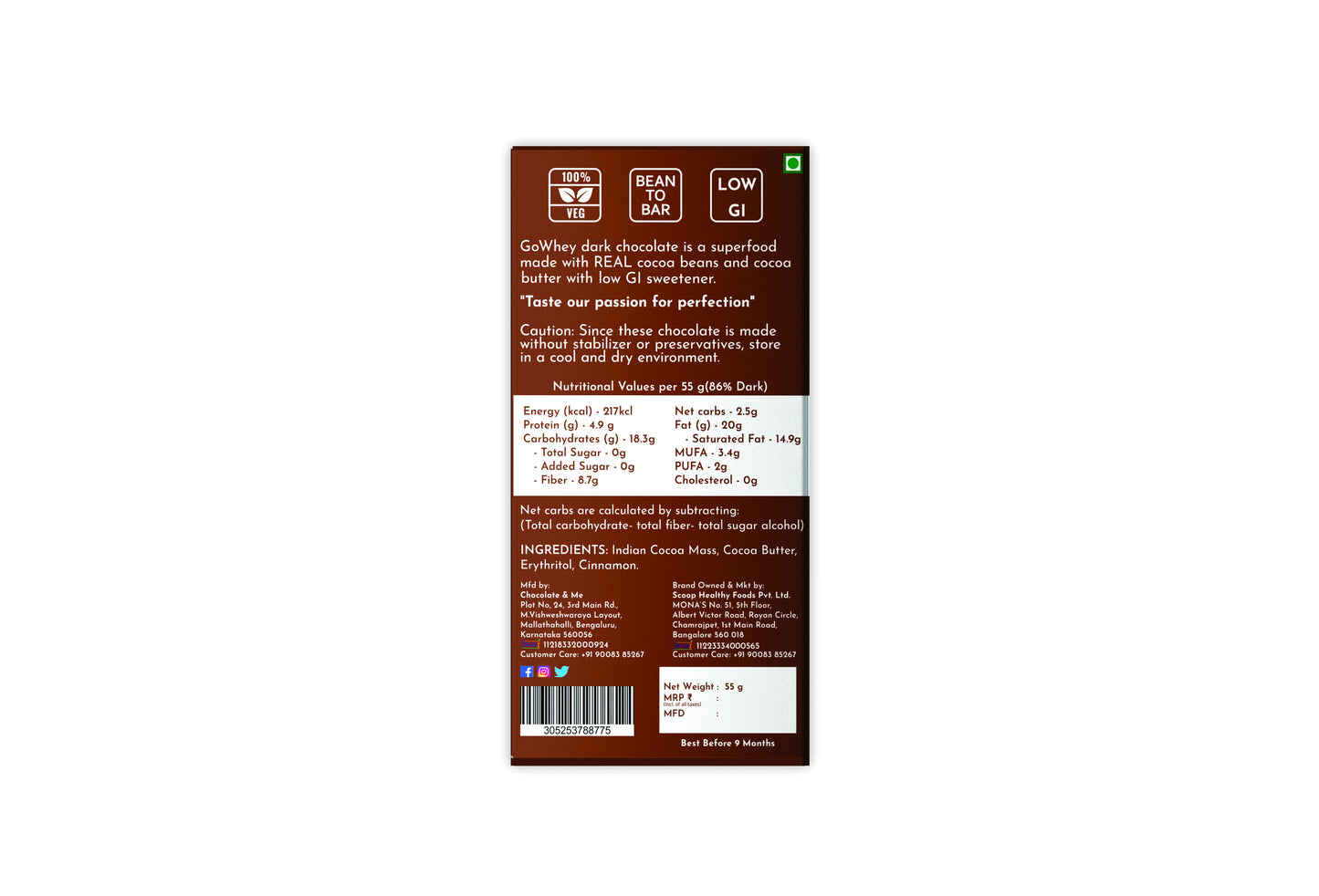 GoWhey Sugar free Dark Chocolate|Keto friendly 86%-55gm